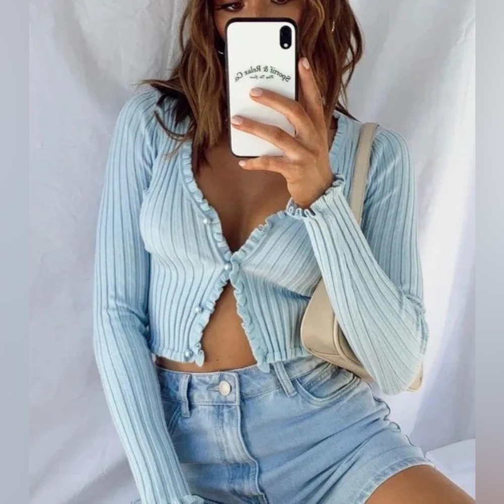 Princess Polly Light Blue Ribbed Ruffle Trim Cardigan - Picture 4 of 9